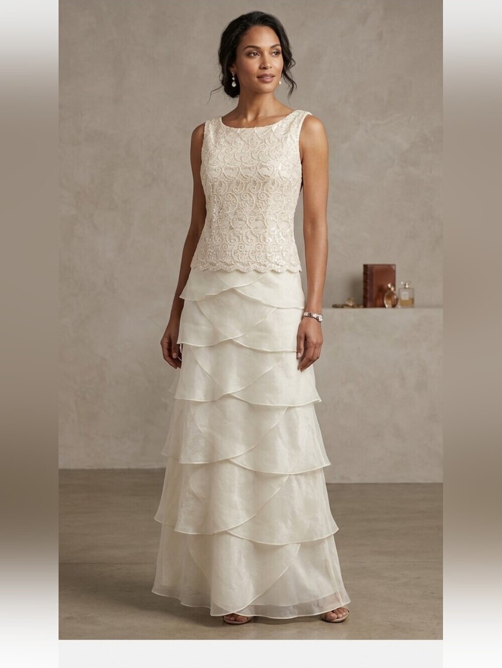 Sleeveless Cream Lace Bodice Tiered Maxi Dress